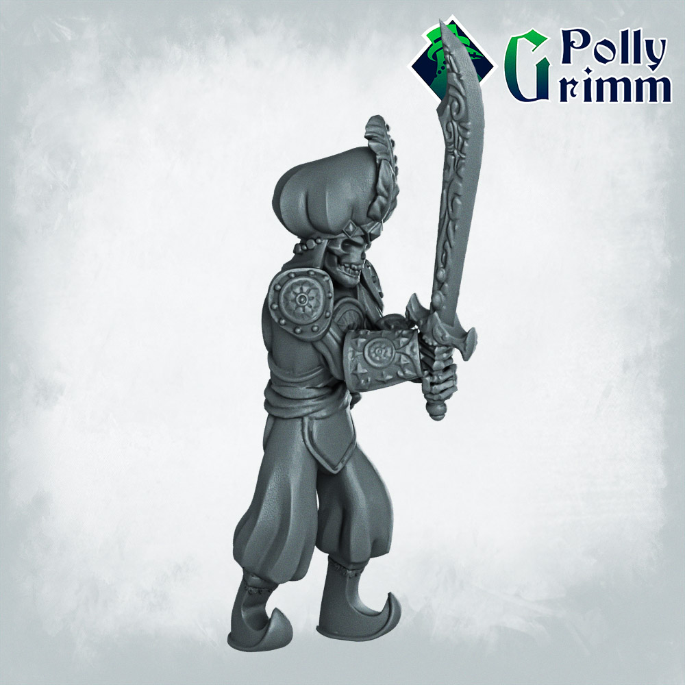 Fantasy and historic miniatures for tabletop games. Arabian Nightmare. Skeleton army. Soldier with two-handed scimitar